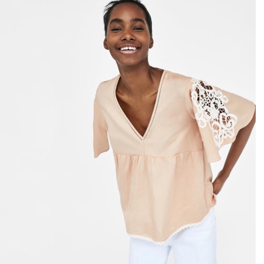 NWT Zara Pink Lace Sleeve Blouse V Neck